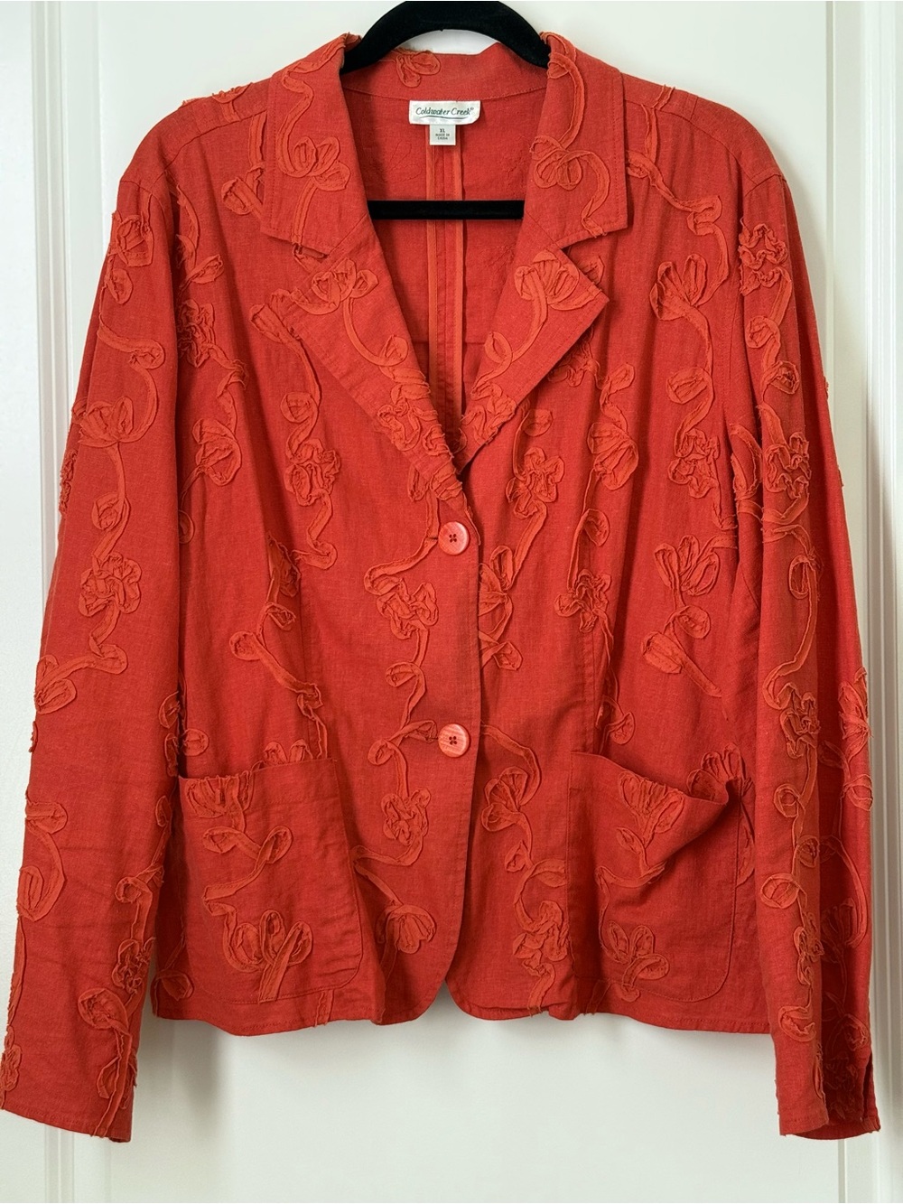 Coldwater Creek Orange Soutache Embroidered Button-Front Jacket with Pockets XL